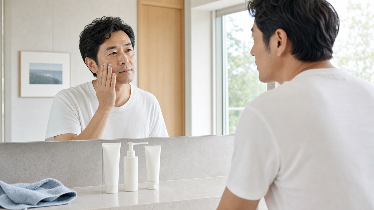 40代男性のスキンケアは何から？初心者向け朝夜3分ルーティンを表現した記事専用アイキャッチ画像